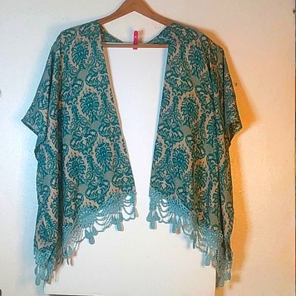 Emma's Closet Shawl Kimono Wrap teal tan print intricate chandelier fringe - Picture 8 of 13